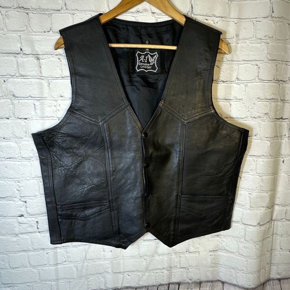Vintage A-1 Black Leather Snap Motorcycle‎  Biker Vest Pockets PINS removed